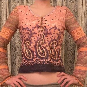 Bohemian Lace-Up Paisley Top - pink and Purple + multicolour